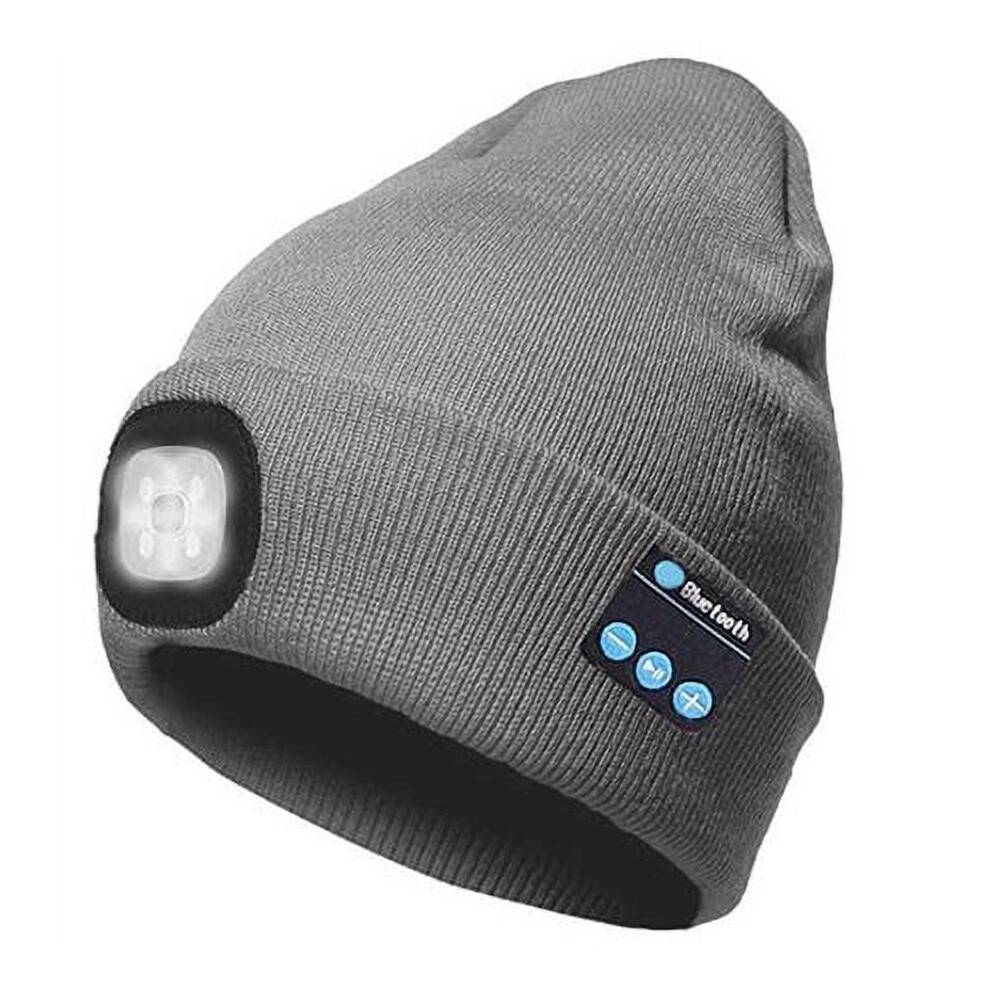 Babibeauty Bluetooth Beanie Hat med 4 LED-lys, USB-genopladelig pandelampe og stereohøjttalere/mikrofon – Hemp Grey