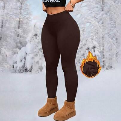 Plus size varma svarta stickade utsvängda leggings för vintern, termoleggings för kvinnor med hög elasticitet, lämpliga för kallt väder - Brun (0XL,1XL,2XL,3XL,4XL)
