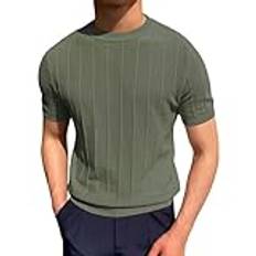 Herr vår och stickad rund hals enfärgad kortärmad t-shirt män stickade toppar retro armbandsur, Grön, S