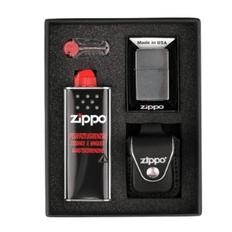 Zippo Gavesæt m/Lædertaske Sort inkl Benzin + Flintsten