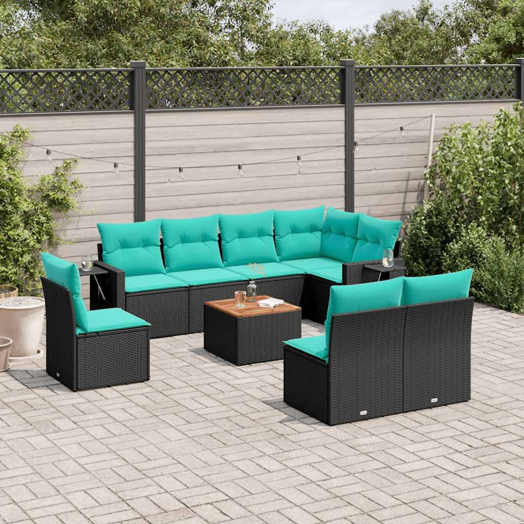Havesofasæt Med 9 Dele Og Hynder Polyrattan - Sort og blå
