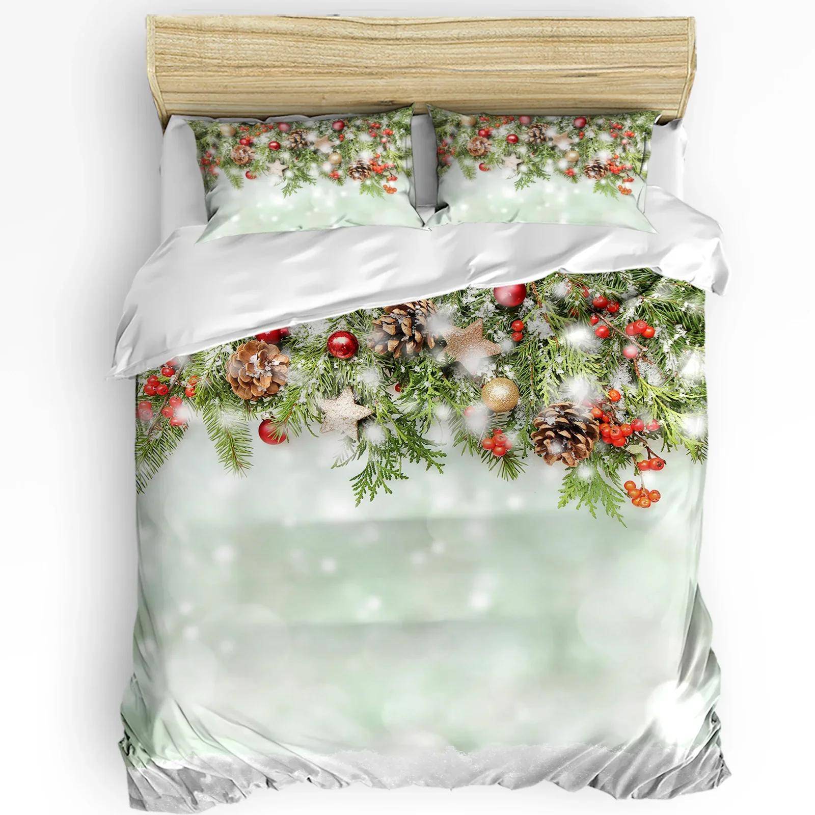 Jul Vinter Snögubbe Säsong Tallar Sängkläder Set 3 st Påslakan Örngott Täcke Överkast Dubbelsäng Set Hemtextil EU single(135x200cm)