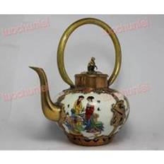 Kinesisk tibet vit porslin drake målning skönhet handarbete tekanna tekanna trädgård dekoration tibetansk silver mässing