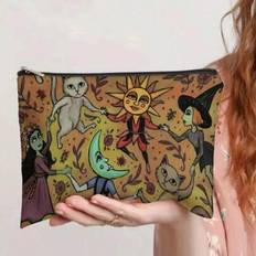Enchanted Forest Night Makeup Bag - Deep Green Bag With Whimsical Witch, Cat And Moon Design, Zipped Pouch To Hold Cosmetics, Pencils Or Snacks - Perf - Yellow