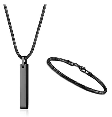 YADOCA Kette Herren Bar Anhänger Edelstahl Halskette und Armbänder für Männer Frauen 3mm Schlangenkette Halskette und Schlangenkette Armband Set Länge 55cm Silber/Schwarz