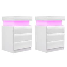 Sängbord set med 2, nattljus LED-sängbord i trä med 3 lådor och 16 RGB-LED-lampor, hög glans förvaringssängbord (2, vit)