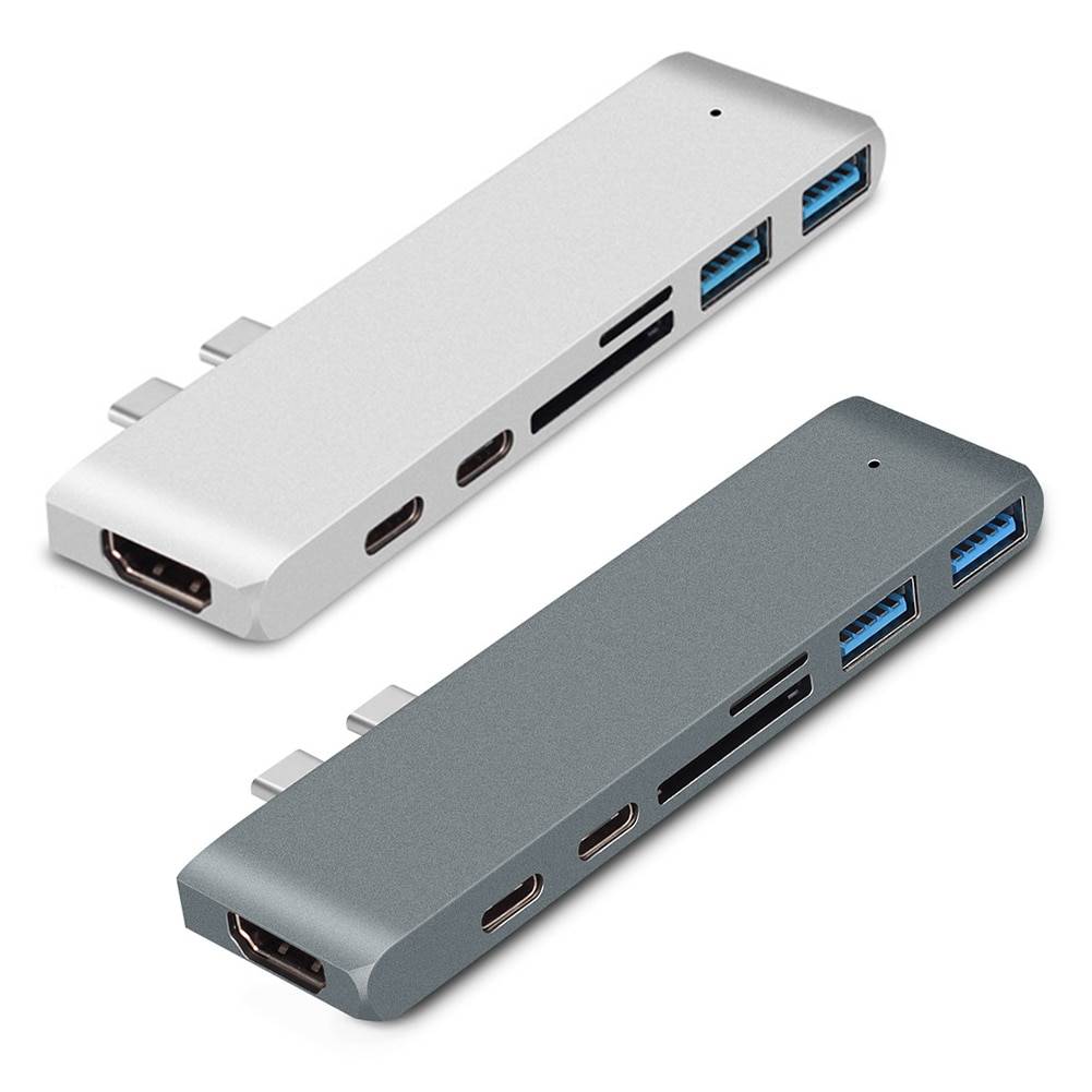 7 i 1 typ c nav dockningsstation dubbel usb typ c till usb 3.0 4k hdmi adapter splitter för apple laptop notebook expansion converter - silver--