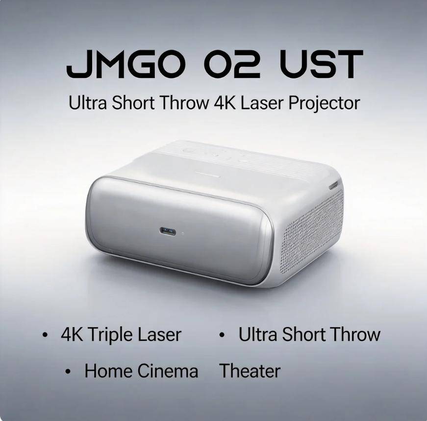 JMGO O2 Ny Generation Trippel Laser UST Projektor - 1080P Ursprungsupplösning, 4K Avkodning, Ultra-Bärbar, Helt Automatisk, Smarthus Hemmabio Projekto
