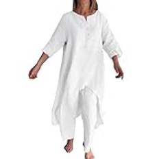 Generisk två avdelare damer elegant bomullslinne, vardaglig, långärmad, topp, vida ben, byxor yoga damer långärmad, Vit, M