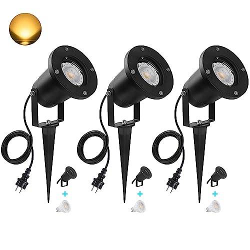 SanGlory Set med 3 GU10 LED trädgårdsstrålkastare med markspett, 7 W LED trädgårdsbelysning varm vit utomhu metall trädgårdsljus gräsmatta utomhusstrålkastare IP65, LED strålkastare 2 m kabel