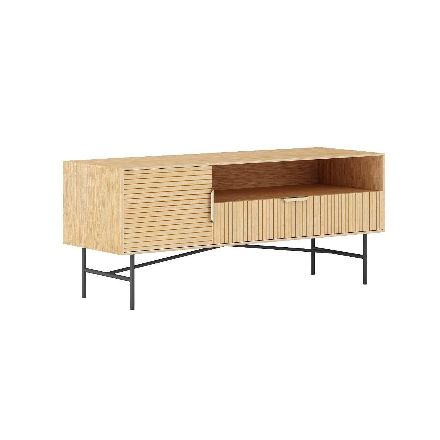 TV-bord HOME4YOU Bassel 120x40x50 cm 3D-melaminlys trædekor med guldfarvede greb og sorte ben