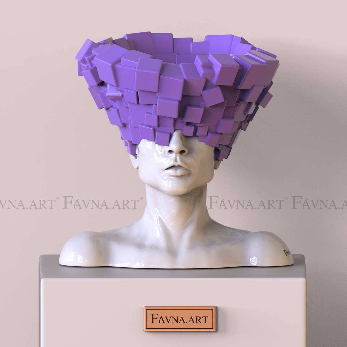 Male Bust Sculpture “Thoughts” – Black - H: 41 cm | 16.5 ′′ / Purple (H: 41 cm | 16.5 ′′)
