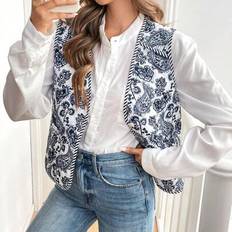 Women&#39;s Button-Front Allover Print Jacket, Winter Women All-Over Print Pocketed Sleeveless Padded Coat, Winter Women Clothes Thermal Winter Women Coat - Blue and White - L,M,S,XS