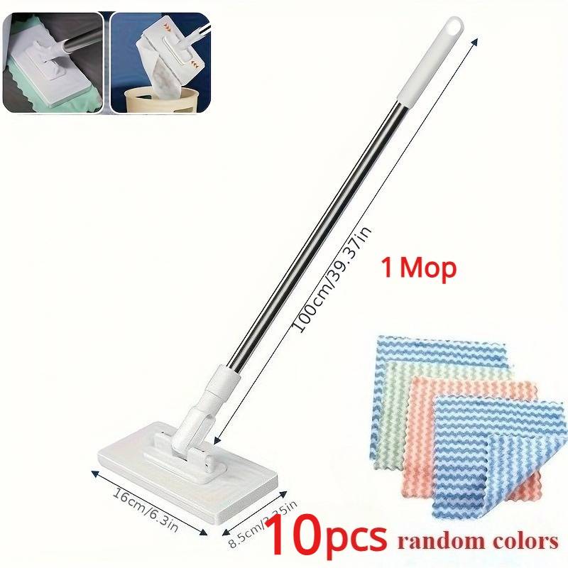 11pcs/set (1pc Mop And 10pcs Random Color Cloths) Hand Wash Free Lazy Flatbed Mop For Wet And Dry Use, Reusable Press Clip Mop, For Kitchen, Bathroom, Window, And Floor, Multifunctional Cleaning Tool