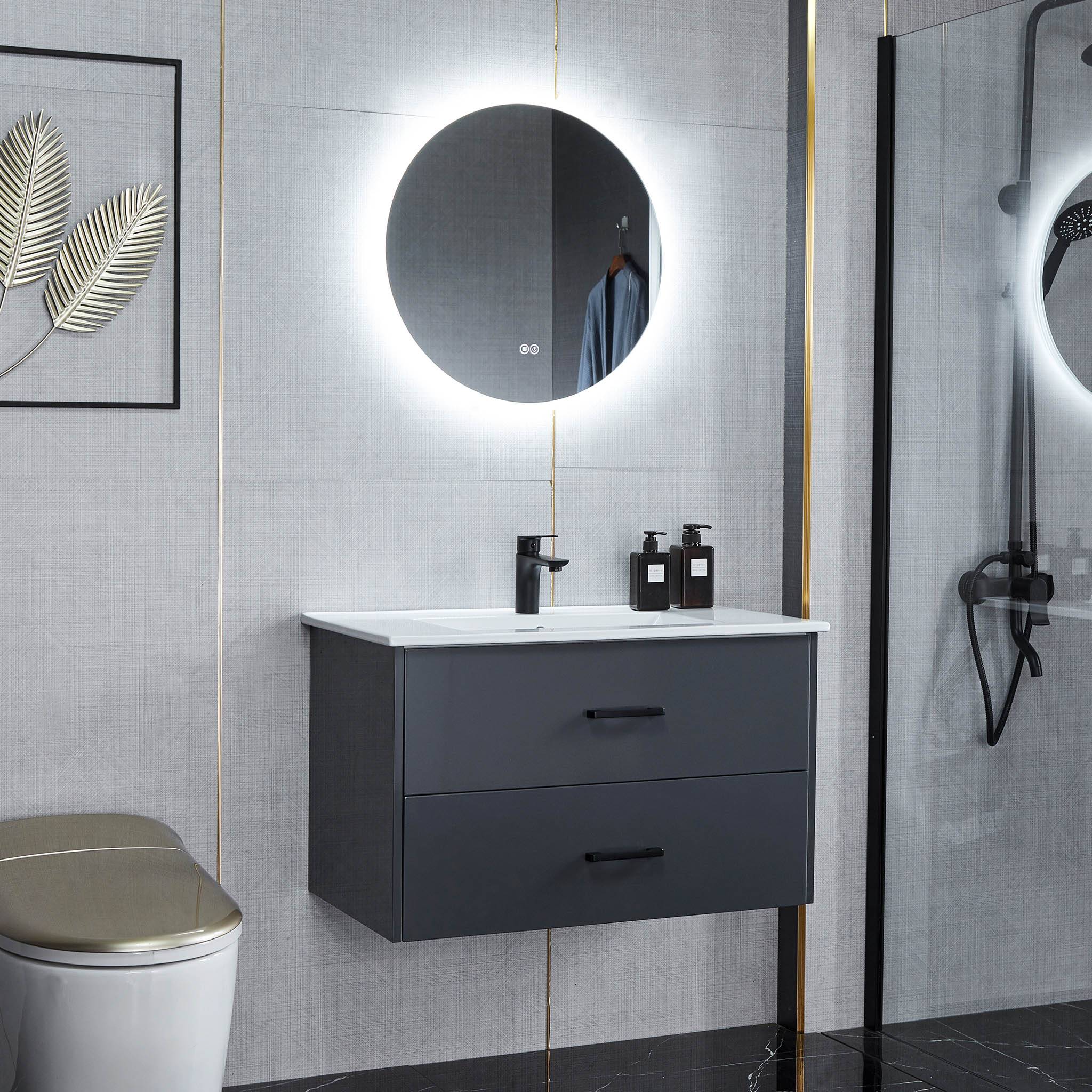 Kommod 80cm | Rund LED-spegel med dimmer | Svart blandare