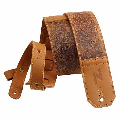 Nefelibata Gitarrengurt, 2.3" breite Vollnarben-Gitarrengurte aus Leder mit weicher Polsterung für Bass-, Elektro- und Akustikgitarre (Sahara Yellow Embossed)