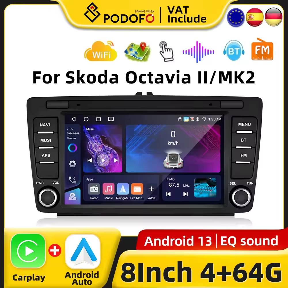 Podofo 8" CarPlay Android Car Radio For Skoda Octavia 2 MK2 Car Intelligent System 2din GPS Stereo Receiver Android Auto Navigation Autoradio Dash Board Head Unit