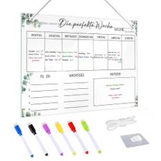 Veckoplanerare avtorkningsbar, veckoplanerare magnetisk akryl, matplanerare vecka, 30 x 20 cm, familjeplaneringstavlor, whiteboard med 6 torkarmarkörer, 1 krok, vitt snöre, veckoplaneringstavla