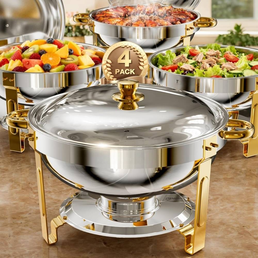 Buffet Chafing Dishes 4-pack, 6qt Round Chafing Dish Buffet Set Stainless Steel Buffet Food Warmers Sets For Catering Events Parties Dinners With Complete Set, Golden And Silver - For Cooking