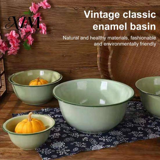 Fläckbeständig Soppskål Vintage Emalj Djup Förtjockad Retro Risnudlar Bärbar Behållare Diskmaskinssäker Serveringsgryta för Varma Måltider Emaljerat S