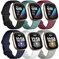 Charlam 6-pack remmar kompatibla med Fitbit Versa 3/Versa 4-remmar/Fitbit Sense/Sense 2-rem, mjukt sportklockarmband ersättningsarmband för kvinnor män, stora, mörka färger