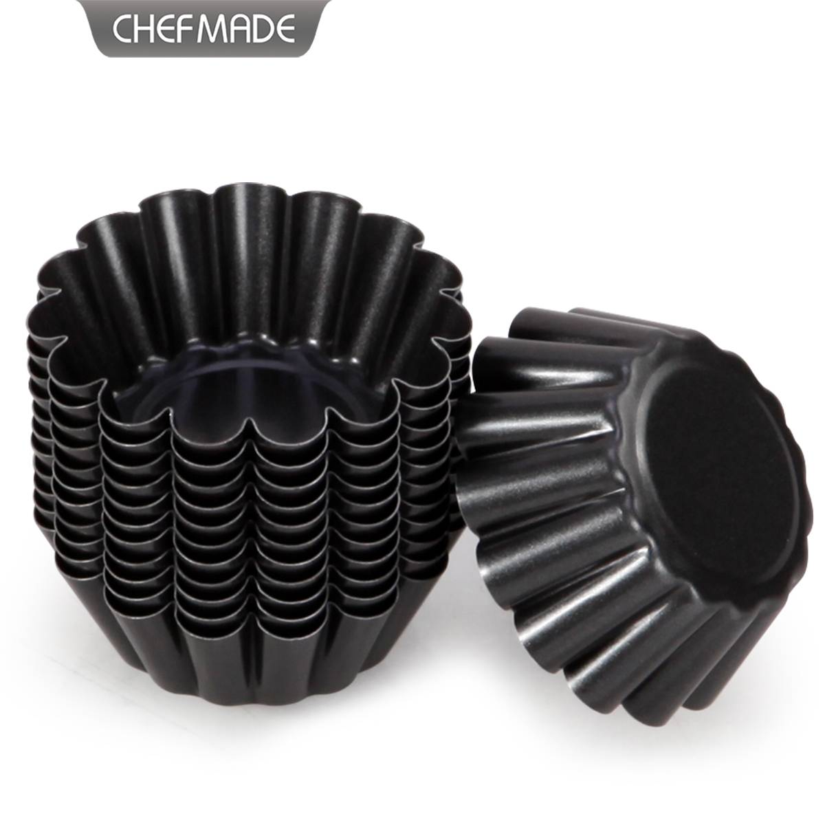 Chefmade 12PC/set Silver Black non-stick bakeware 2.5 inch Mini Tart Pan for Baking Carbon Steel Pie Tins Mould for Oven baking