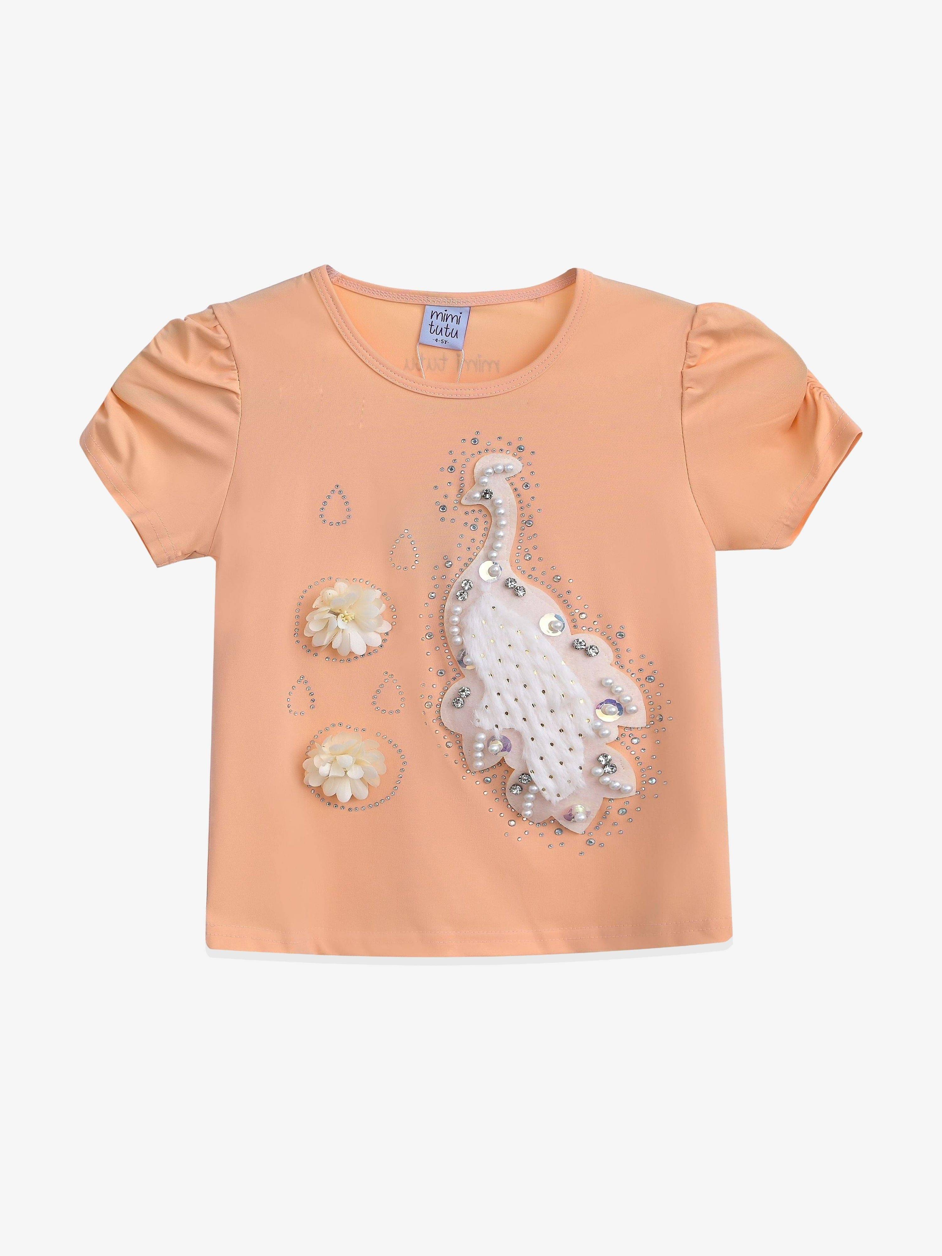 Peach Peacock Applique T-Shirt - Orange / 7Y-8Y (7Y-8Y)