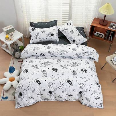 3st Astronaut & Rymdskepp Sängkläder Set, Svart & Vit Galaxy Print Påslakan & Örngott Set, Polyester All Season Quilt Cover For Kids Love Valentine - Svart och Vitt (135cm*200cm,200cm*200cm,160cm*220cm,200cm*230cm,168cm*229cm,229cm*229cm)