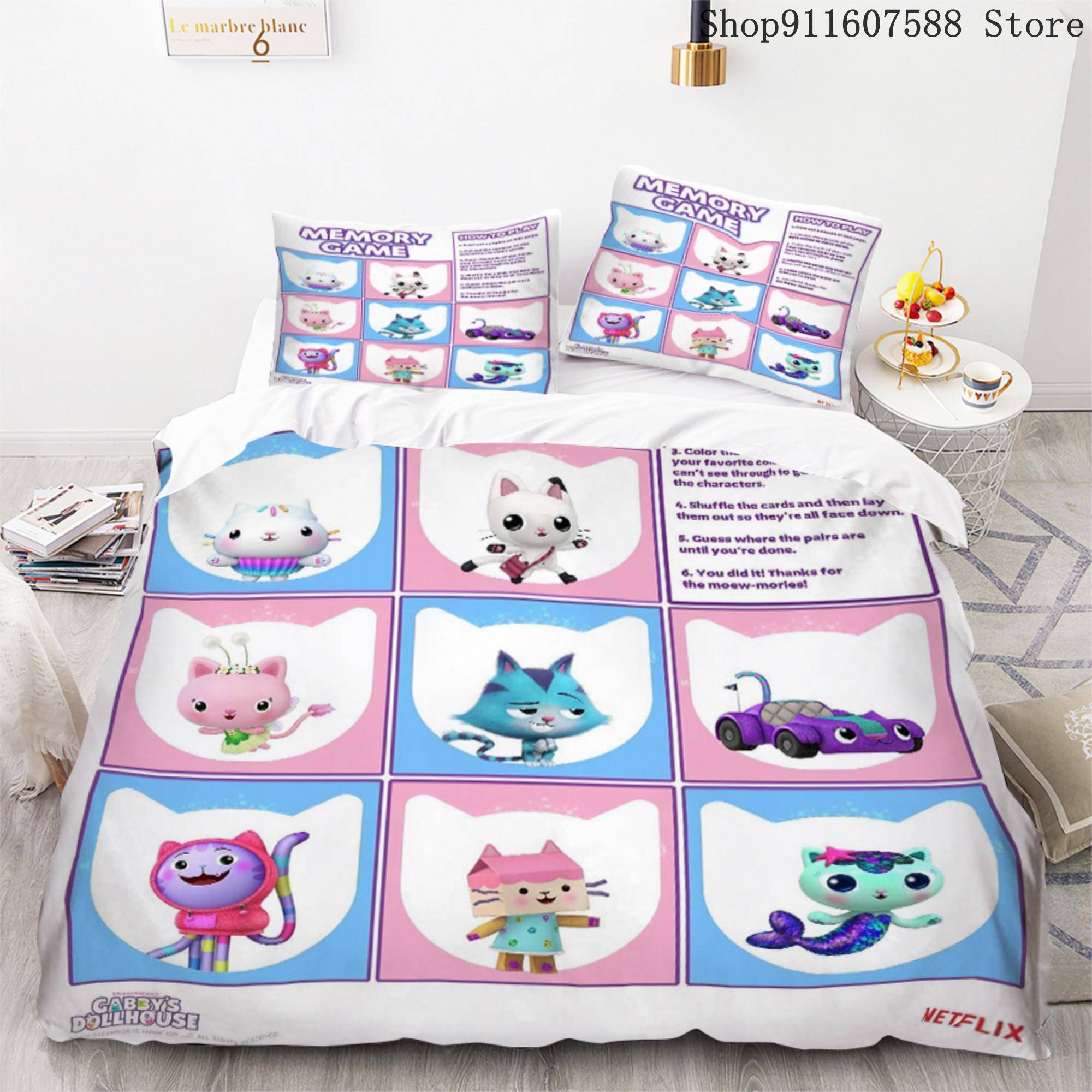 Gabbys dockhus Sängklädesset Kawaii Sänglinneset Enkel Dubbel Storlek Heminredning För Flickor Barn Tecknad Söt Katt Påslakanset AU Single140x210cm