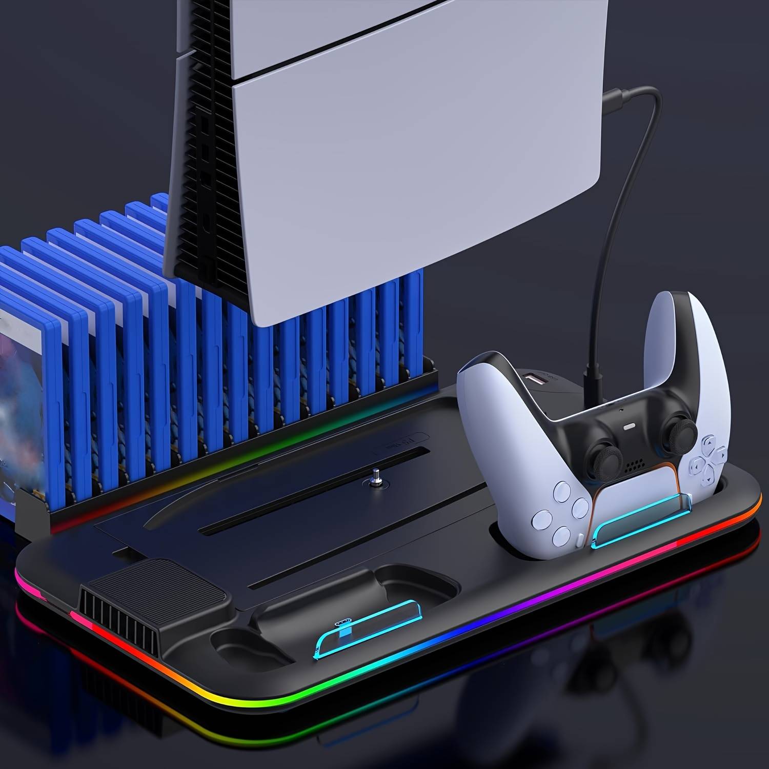 TEMU Multi-functional Cooling And Charging Stand With Rgb Light For Ps5 | Dual Charging Function For Ps5 Controller, Compatible With For Ps5 Slim/ For Ps5 Disc/digital/ For , Usb Powered, Abs Material