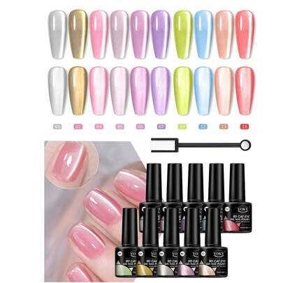 VOKY 7-delat magnetiskt kattögon-nagellackset i gel, ultrafint magnetiskt pulver, slät högblank finish, inkluderar dubbelsidig magnet, lämpligt för UV - Multifärgad