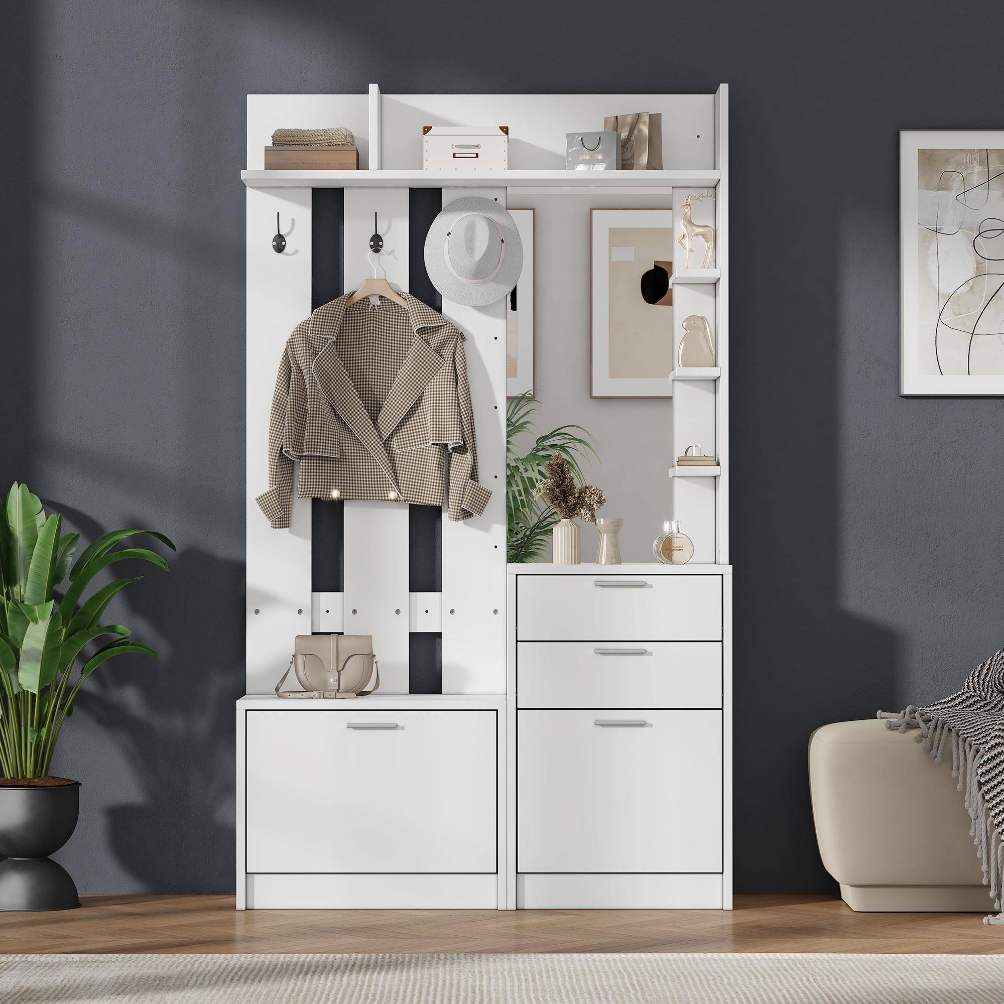 Coat Rack, Shoe Bench, Wardrobe, 2 Drawers, 2 Fold-Out Shoe Cabinets, 3 Hooks, Glass Mirror, Three Shelves, Hallway, Bedroom, White, 110x34x185cm vit