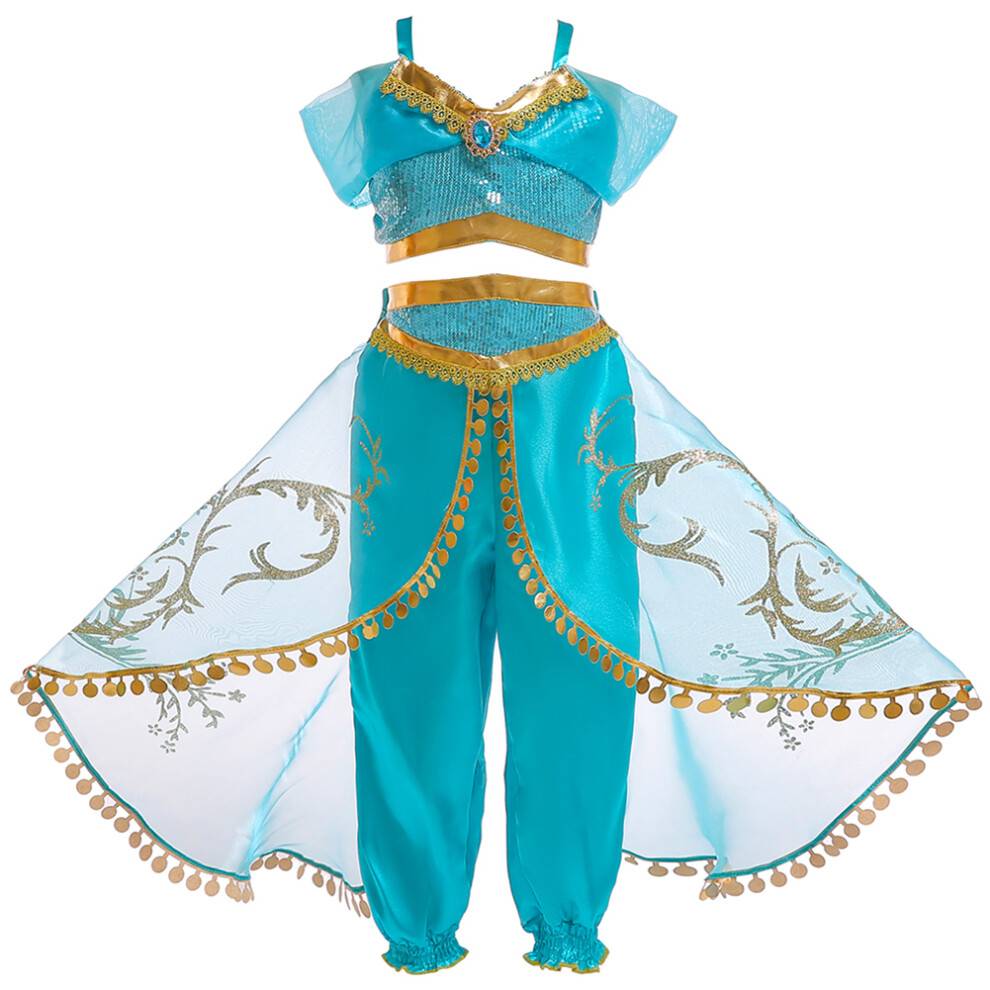 Prinsessekostume til piger, skinnende arabisk prinsessekostume til piger med glitrende organza off-shoulder crop top, blød og behagelig