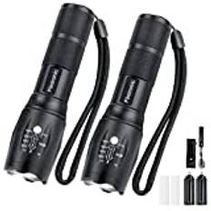 flintronic Professionell kraftfull LED-ficklampa, 2 st superljus ficklampa med hölster, 5 lägen IP67 vattentät, zoombar ficklampa för camping, vandring, utomhus, nödsituation