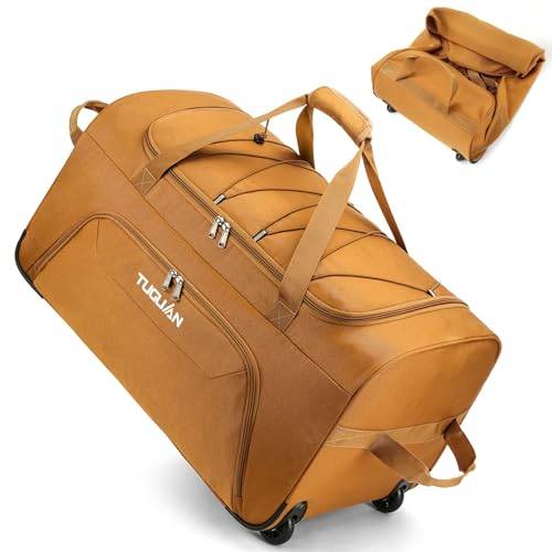 TUGUAN Handbagage med hjul, 110 L, stora resväskor med rullning, vikbara resväskor, lätt expanderbar checkväska, 71 cm hopfällbar bagage, resväska duffelväska med hjul för män, Stor brun, 28,