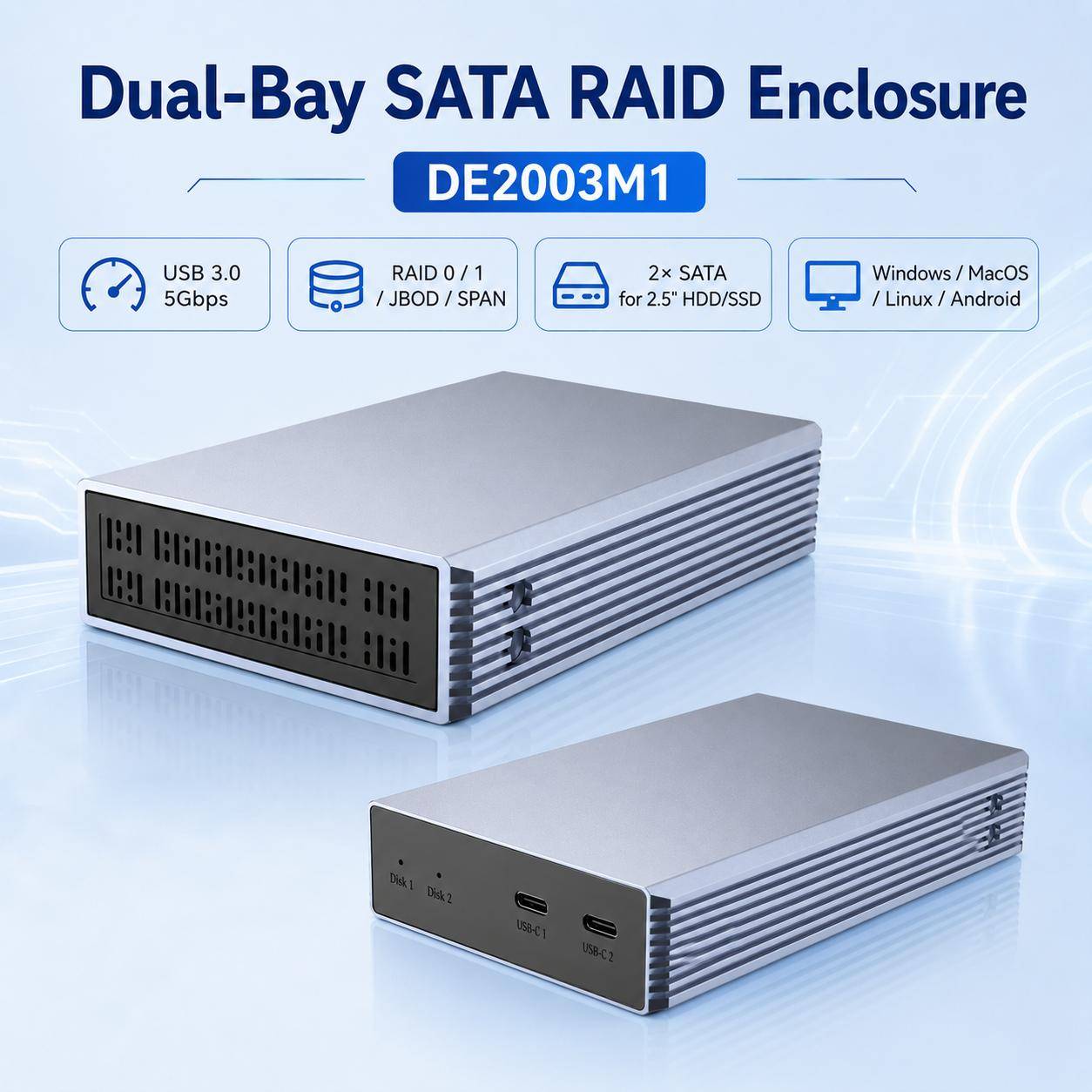 Dubbelkammare 2,5 tum SATA RAID Hårddiskkabinett 5 Gbps USB3.0 Typ-C RAID0/1/JBOD/SPAN Aluminium HDD-arraykabinett mörkblå färg