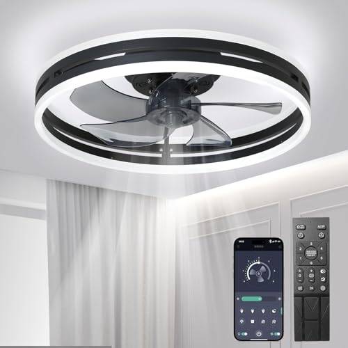 Tyst Takfläkt Med Belysning 72W Dimbar Taklampa Med Fjärrkontroll Och APP 6 Hastigheter Lampa Med Fläkt Timer Takfläktar Sovrum Vardagsrum Ljus Svart, 50cm