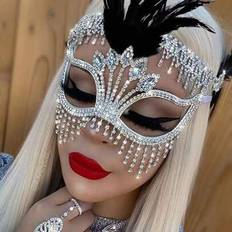 A Silvery Feathers Strass Tofs Mask Venetiansk Kvinnor Fest Maskerad Mask Lyx Crastal Ansiktssmycken Fancy Dress Dräkt Ögonmask (En-Storlek)