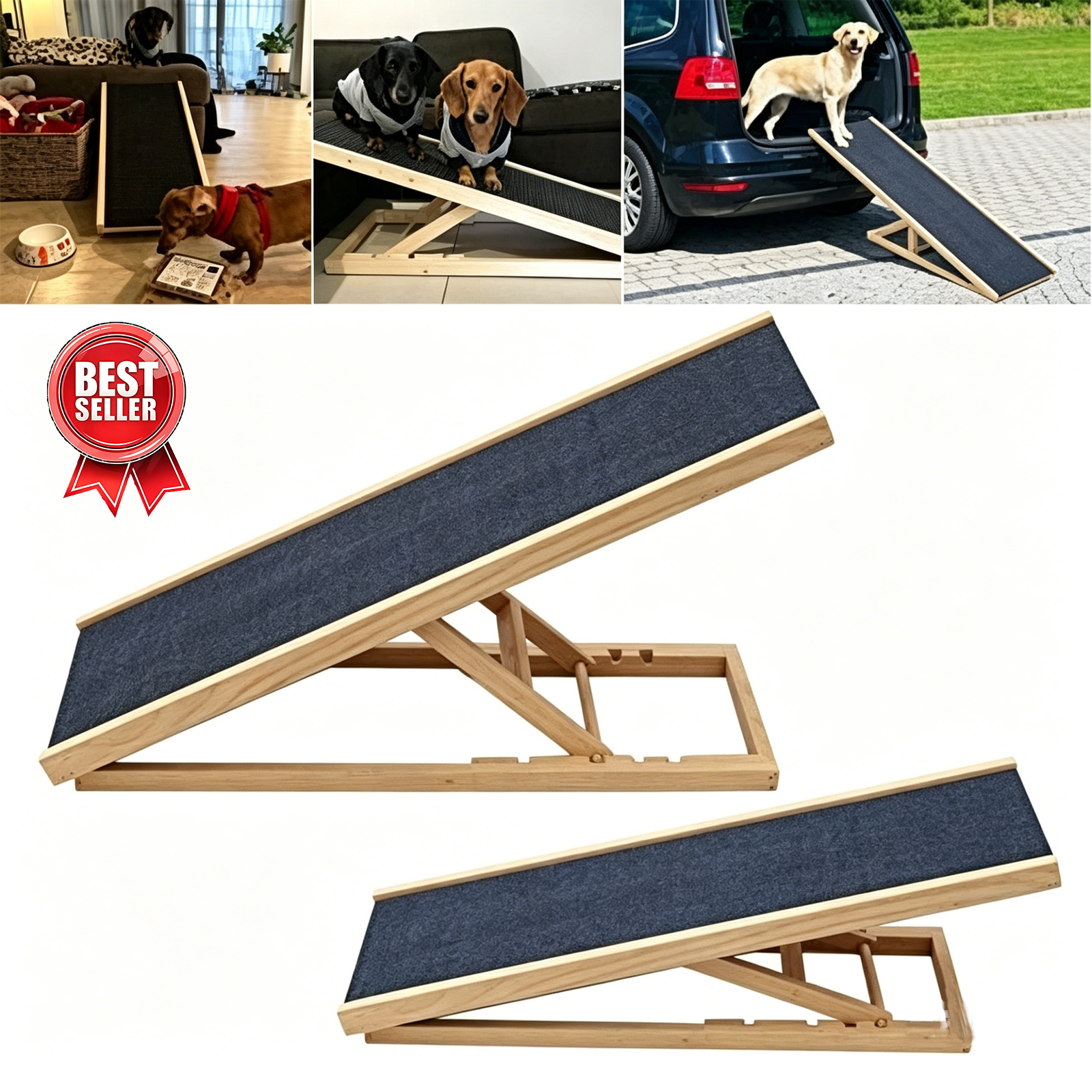 Foldable dog ramp for pets – height-adjustable, safe dog ramp with a non-slip mat, portable solid-wood dog ramp ideal for travel