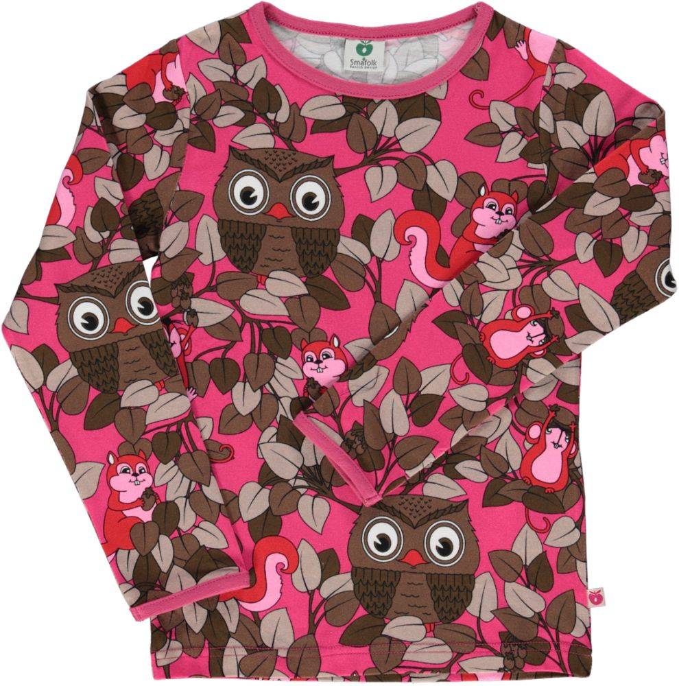 Langærmet bluse med ugler og egern - Pink / 80 cm