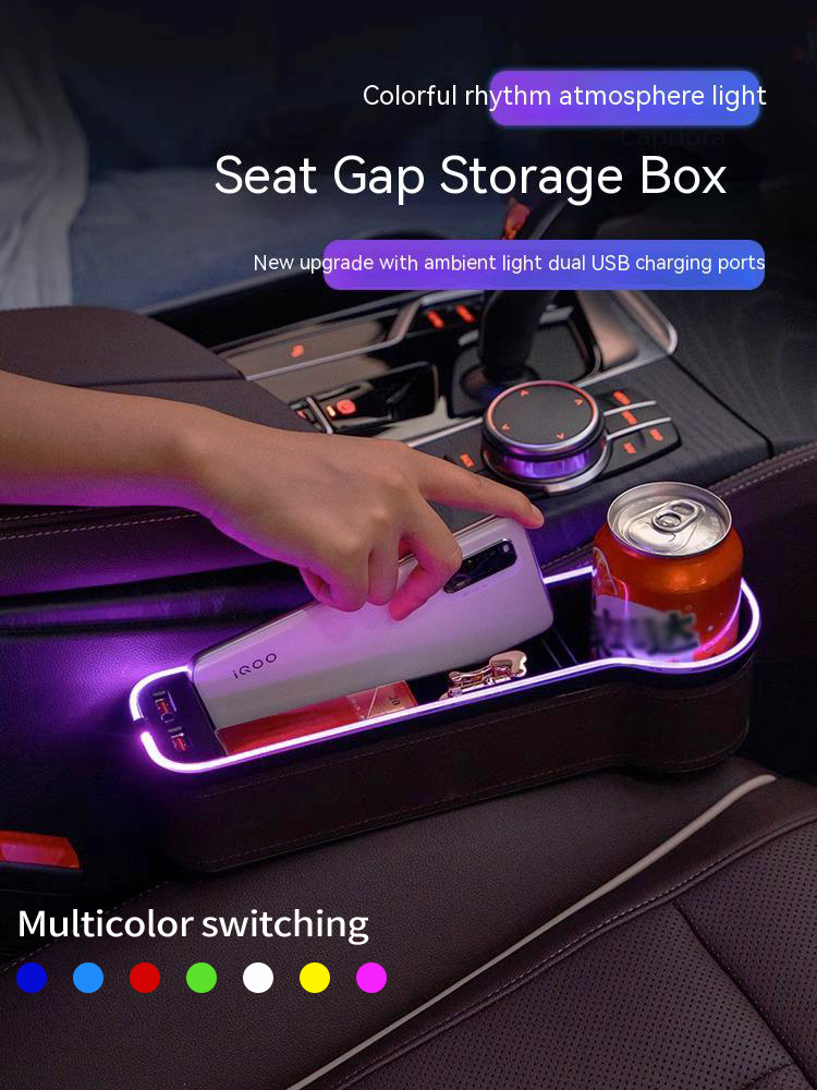 Car 2 USB Charging Colour Light Seat Gap Storage Box LED Car Crevice Storage Organizer Box Cup Holder With LOGO customization