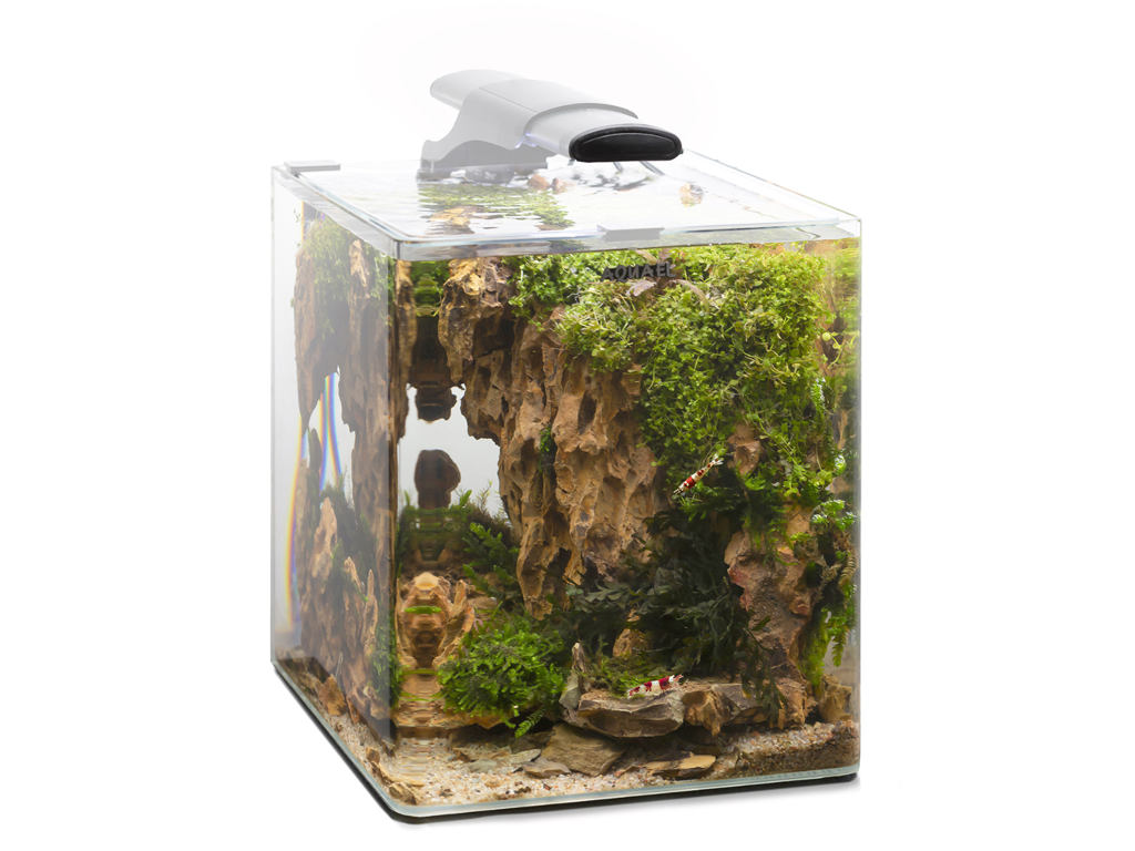 Aquael OptiBent Set 20 Hvid – Buet nano akvariesæt 20L m. optiglas, LED, varme og filter.