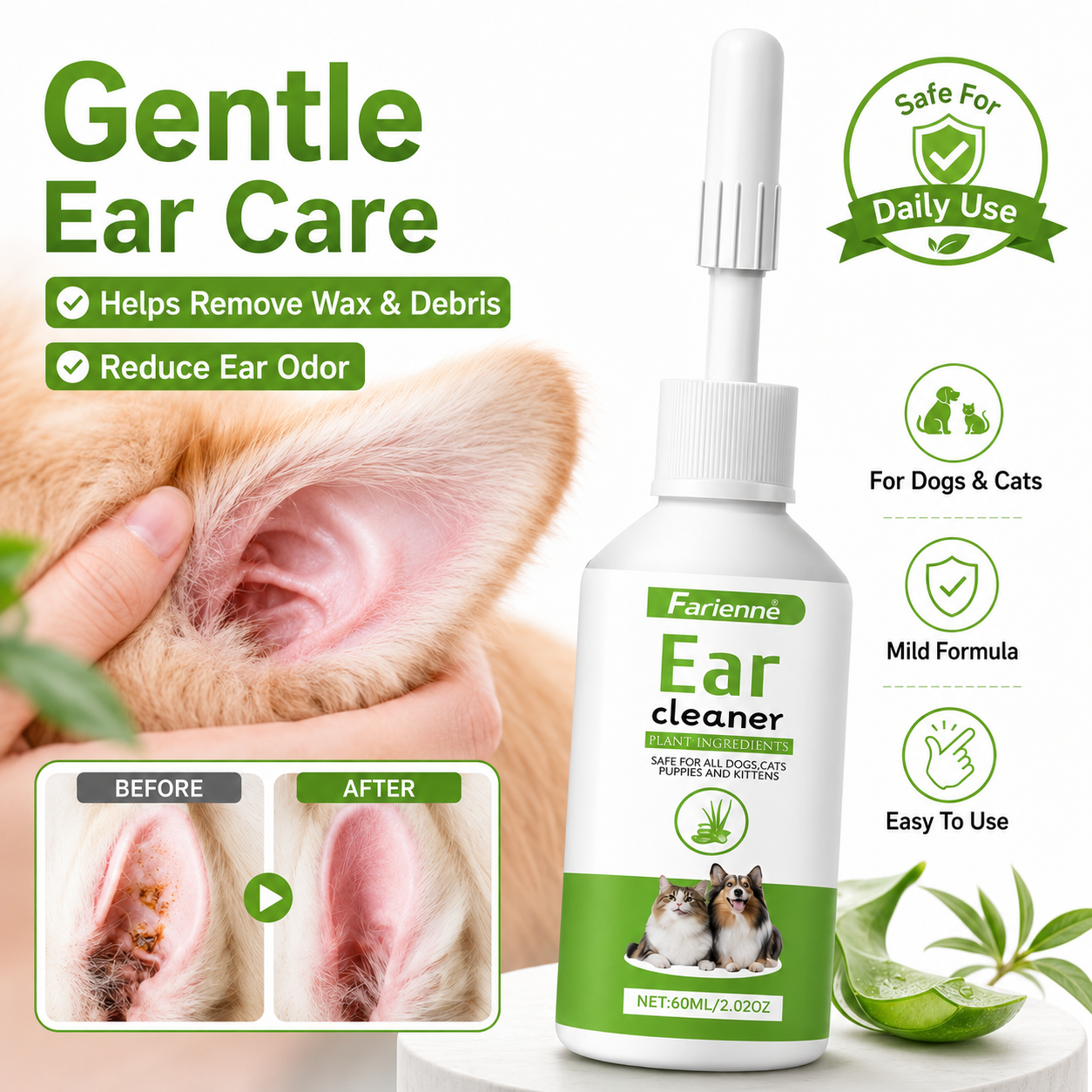 60ml Natural Herbal Pet Ear Wash For Dogs Cats Clear Earwax Dirt Mild Daily Home Ear Care Gentle Easy Use Cleaning Fluid