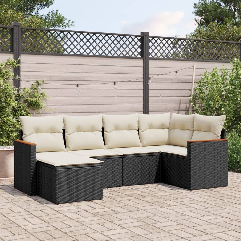 Sofasæt Til Haven 6 Dele Med Hynder Polyrattan - Sort og cremefarvet / Uden bord