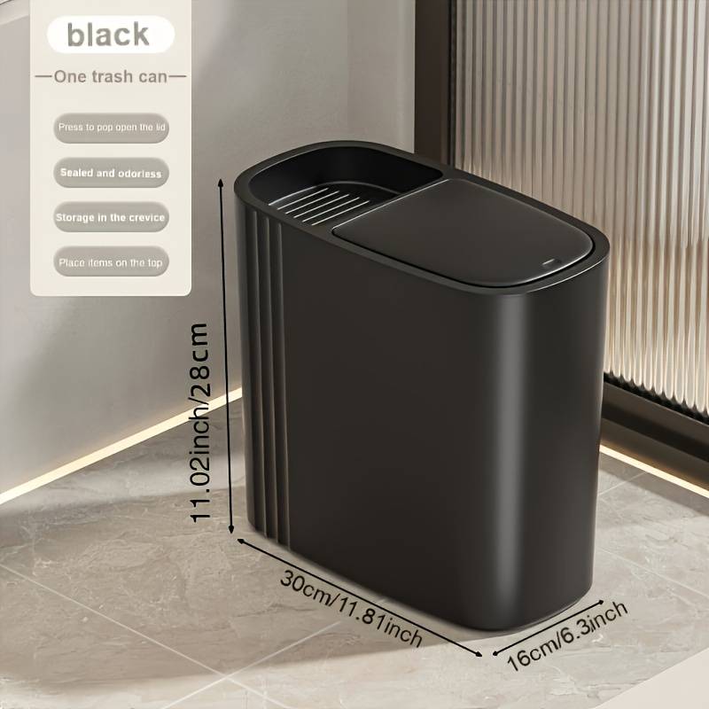 TEMU 12 Liter Stylish Black Trash Can With One-button Pop-up Lid, Sealed Odor, Oval Plastic Waste Bin For Bathroom And Home - Stylish Design, Durable And Easy To Clean, Bathroom Trash Can