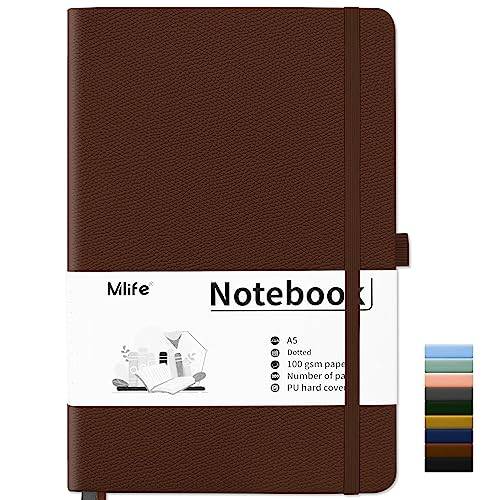 Mlife A5 Dotted Notebook, Anteckningsbok med 200 Sidor, Tjockt 100 G/M² Bläckbeständigt Papper, Anteckningsbok med Pu-Hårt Omslag, Innerficka, Elastiskt Band, Bullet Journal & Dagbok (brun)