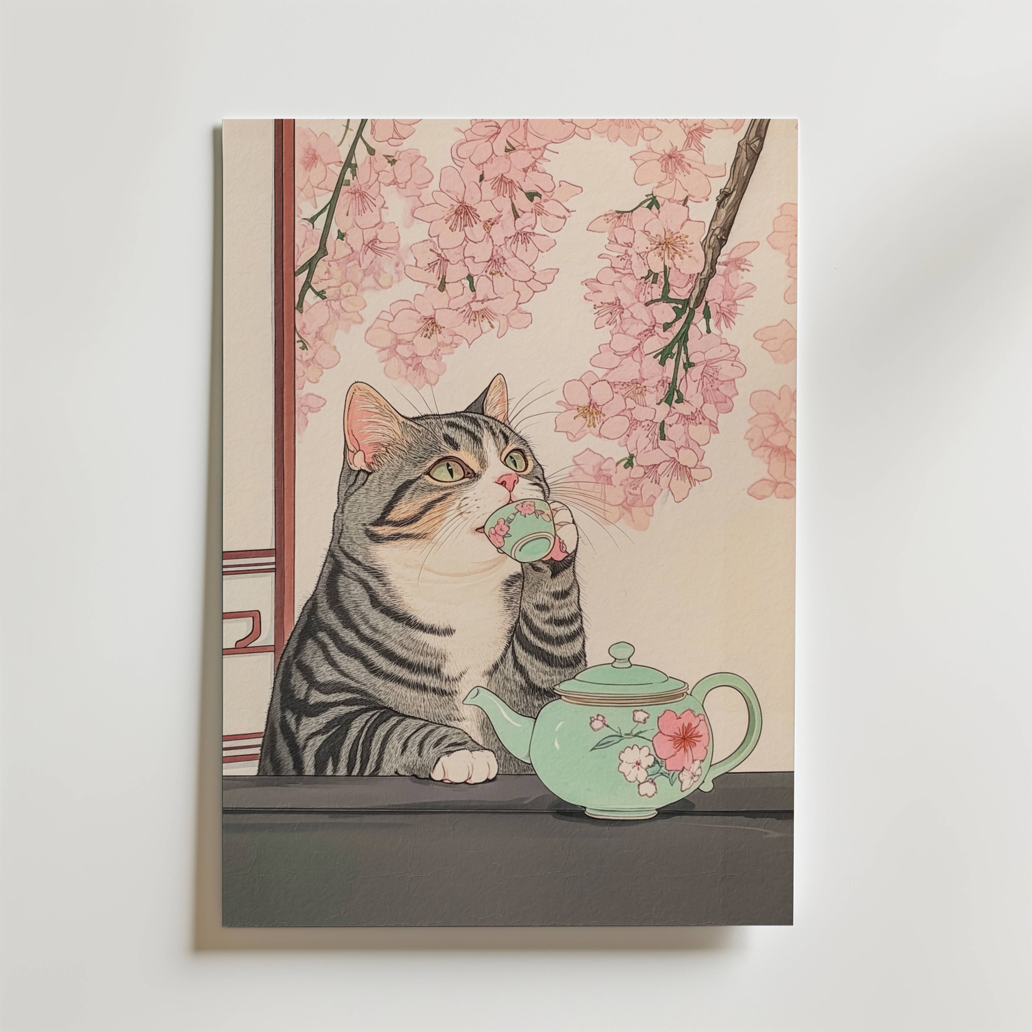 Tea Time Cat Poster - Premium Canvas 21x30 cm