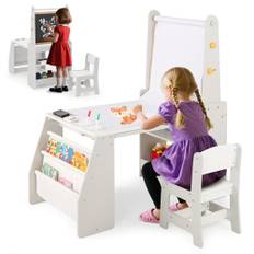 COSTWAY Barnbord med stol och staffli, barnstol grupp trä med whiteboard & krittavla & bokhylla, målbord inkl. pappersrulle och tillbehör, 3-i-1 sittgrupp för barn från 3 år (grå)