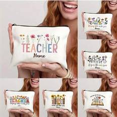 1 Pc Thank You For Helping Me Grow Custom Name Makeup Bag Personalised Name Pencil Bags Travel Toiletries Storage Pouch Gifts For Teacher,Portable,Mul - Beige