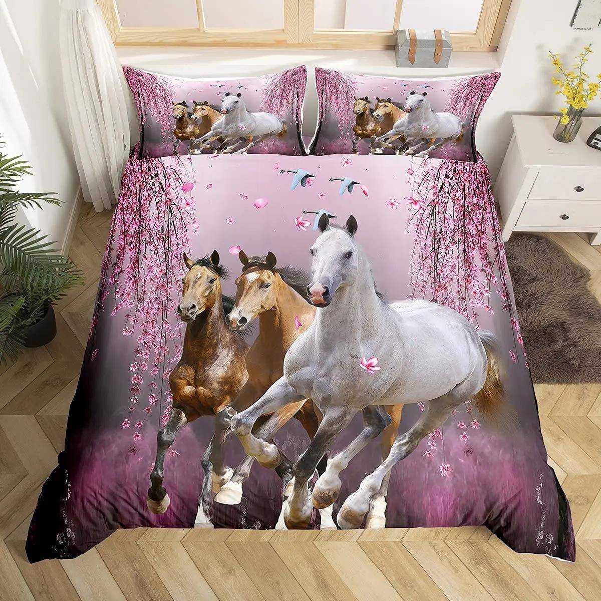 Löpande Häst 3d Sängklädesset King Queen Dubbel Full Twin Enkel Storlek Sänglinneset